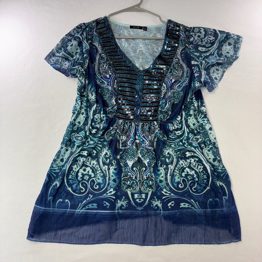 383 Sequin Paisley Empire Waist Top 0X Blue Short Sleeve Boho Blouse